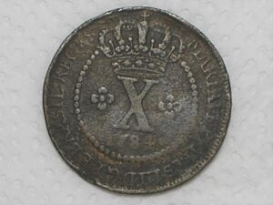 Escassa) X Réis – 1784 / 44 Perolas / Corôa baixa e com pedículos / Data entre pontos / Colônia de D. Pedro III / Escassa / Cobre / Bc/Mbc / Box22