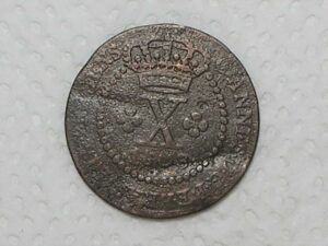 Escassa) X Réis – 1803 / 39 Perolas / Corôa baixa / Colônia de D. João Principe Regente / Escassa / Cobre / Bc / box22