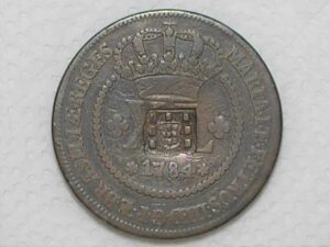 Escassa) XL Réis – 1784 = 49 Perolas / Corôa Baixa / Data entre Florões / Escudete / D. Maria e D. Pedro III - Casa da Moeda de Lisboa / Escassa / Cobre / Mbc / Box23