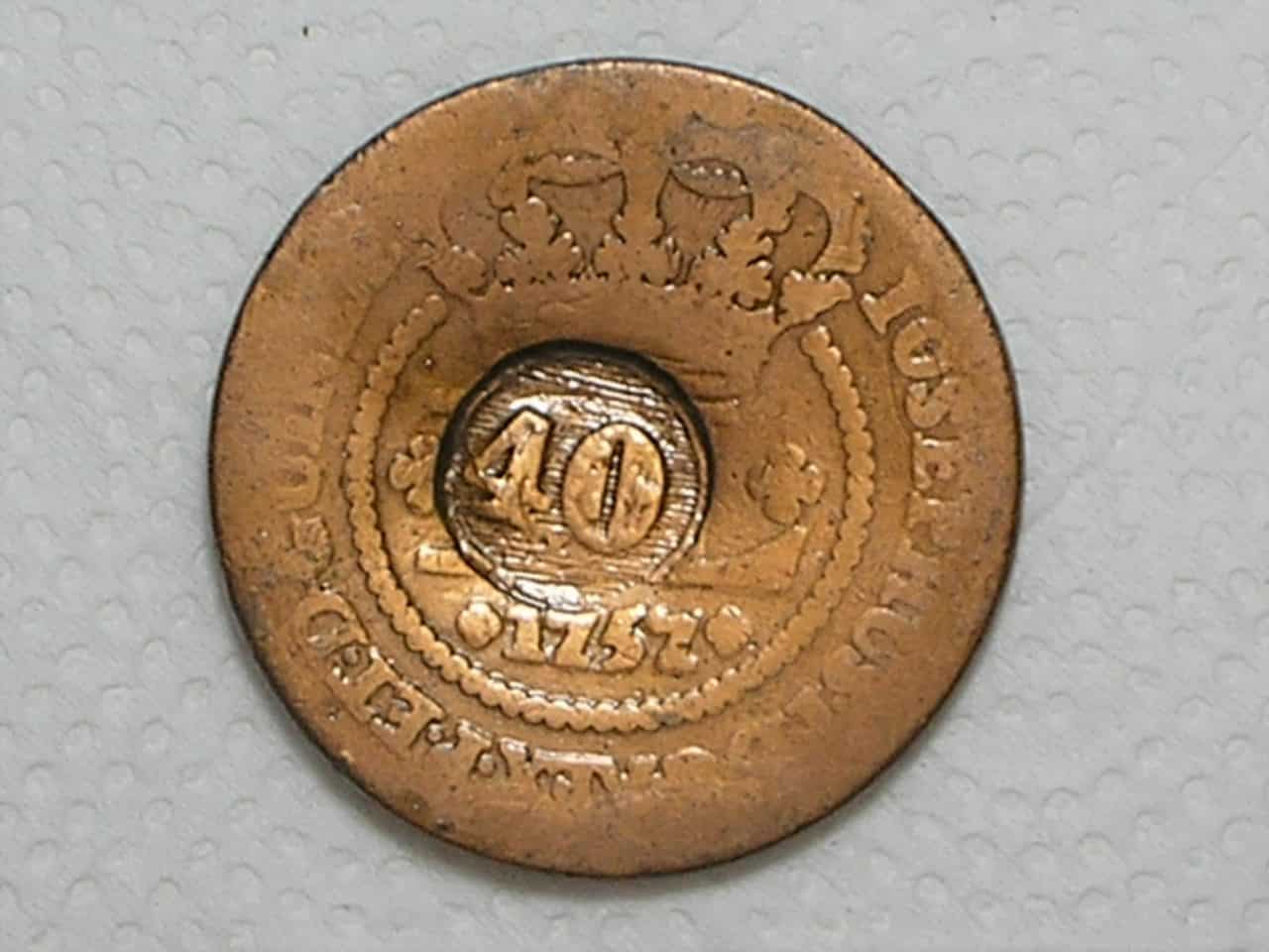 Guiné - Rara) XL Réis – 1757 = 50 Perolas / Corôa sem Pedículos / Data entre Florões / *Carimbo de 40 / Cunhagem para o Brasil e Guiné / Colônia de D. Jose I – Casa da Moeda de Lisboa Rara / Cobre / Bc/Mbc / Box23