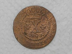 Rara) X Réis – 1803 / 40 Perolas / Corôa baixa / Disco fino / Colônia de D. João Principe Regente / Rara / Cobre / Bc / box22
