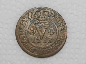 "Raríssima Variante" / V Réis – 1753 / Variante: Brasiil com dois ii / Cunhada em Lisboa - Rex / 38 Pérolas / Rara / Colonia de D. João V / Cobre / Mbc / Exemplar catalogado por Jose Vinicius numero 11 / box21