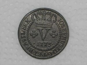 V Réis – 1773 / Coroa baixa / 39 Pérolas / Colonia de D. Jose I / Cobre / Mbc/Soberba / box21