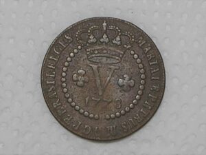 V Réis – 1778 / Corôa Alta / 36 Pérolas / Escassa / Colonia de D. Pedro III / Cobre / Mbc / box21