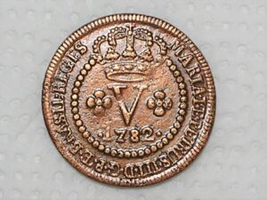 V Réis – 1782 / Corôa baixa / 39 Pérolas / Escassa / Colonia de D. Pedro III / Cobre / Mbc/Sob / box21