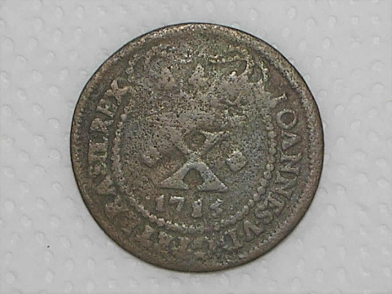 X Réis – 1715 / 42 Perolas / JoAnnes, A sem traço / Colônia de D. João V / escassa / Cobre / Bc/Mbc / Box22