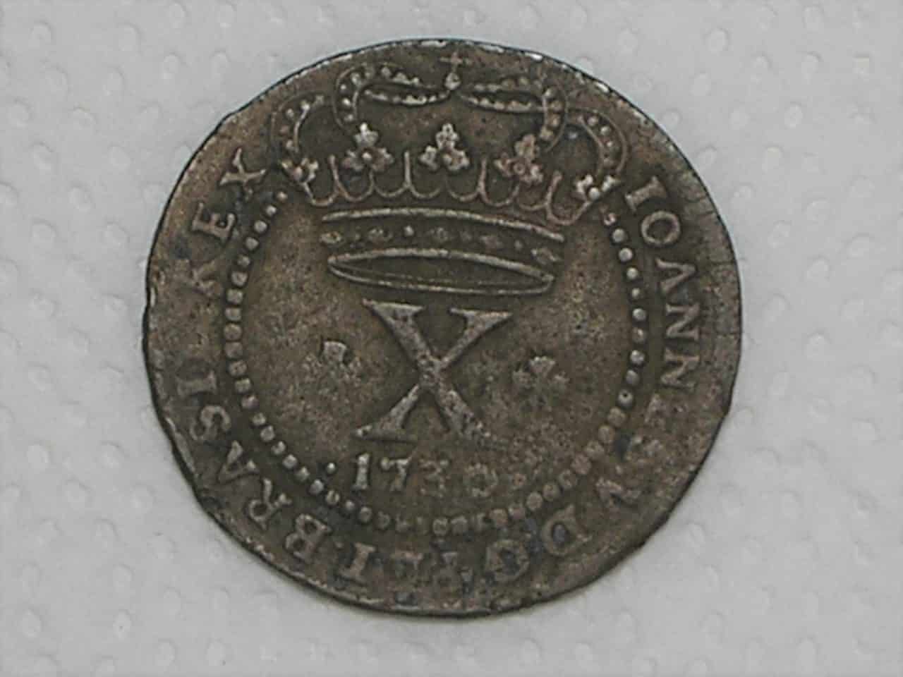 X Réis – 1730 Bahia / 48 Perolas / Pecvnia com V / Colônia de D. João V / Escassa / Cobre / Mbc / Box22