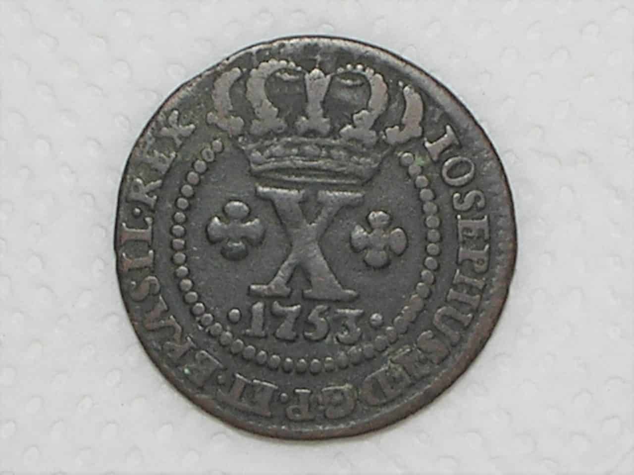X Réis – 1753 / 44 Perolas / Data entre pontos / Colônia de D. José I / Escassa / Cobre / Mbc / Box22