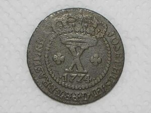 X Réis – 1774 / 42 Perolas / Corôa Alta e com pedículos / Data entre pontos / Colônia de D. José I / Escassa / Cobre / Mbc / Box22