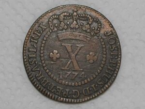 X Réis – 1774 / 44 Perolas / *Corôa Média e com pedículos / Data sem pontos / Colônia de D. José I / Escassa / Cobre / Mbc / Box22