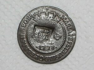 X Réis – 1778 / 47 Perolas / Corôa baixa e com pedículos / Data com pontos / Escudete / Colônia de D. Pedro III / Cobre / Bc/Mbc / Box22