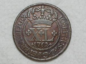 XL Réis – 1762 Bahia = 55 Perolas / Corôa do 1º Tipo / Colônia de D. Jose I – Casa da Moeda de Lisboa / Escassa / Cobre / Mbc / Box23