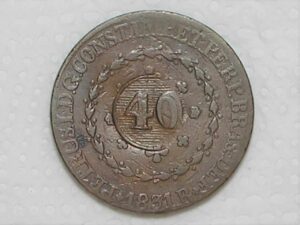 80 Réis – 1831 Rio = 21 Tulipas / Florões Obliquos / Carimbo de 40 / Império D. Pedro II / Cobre / Mbc/Sob / Box24