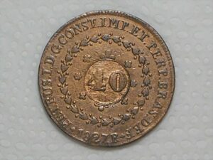 Corôa sem fôrro) 80 Réis – 1827 Rio = 24 Tulipas / Florões Obliquos / Carimbo 40 / Império D. Pedro I / Cobre / Mbc / Box24