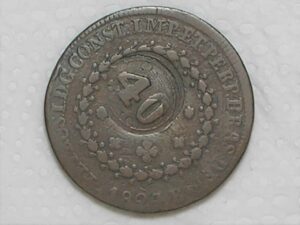 Escassa) 80 Réis – 1824 Bahia = 27 Tulipas / Com serrilha / Império D. Pedro I / Cobre / Mbc / Box24