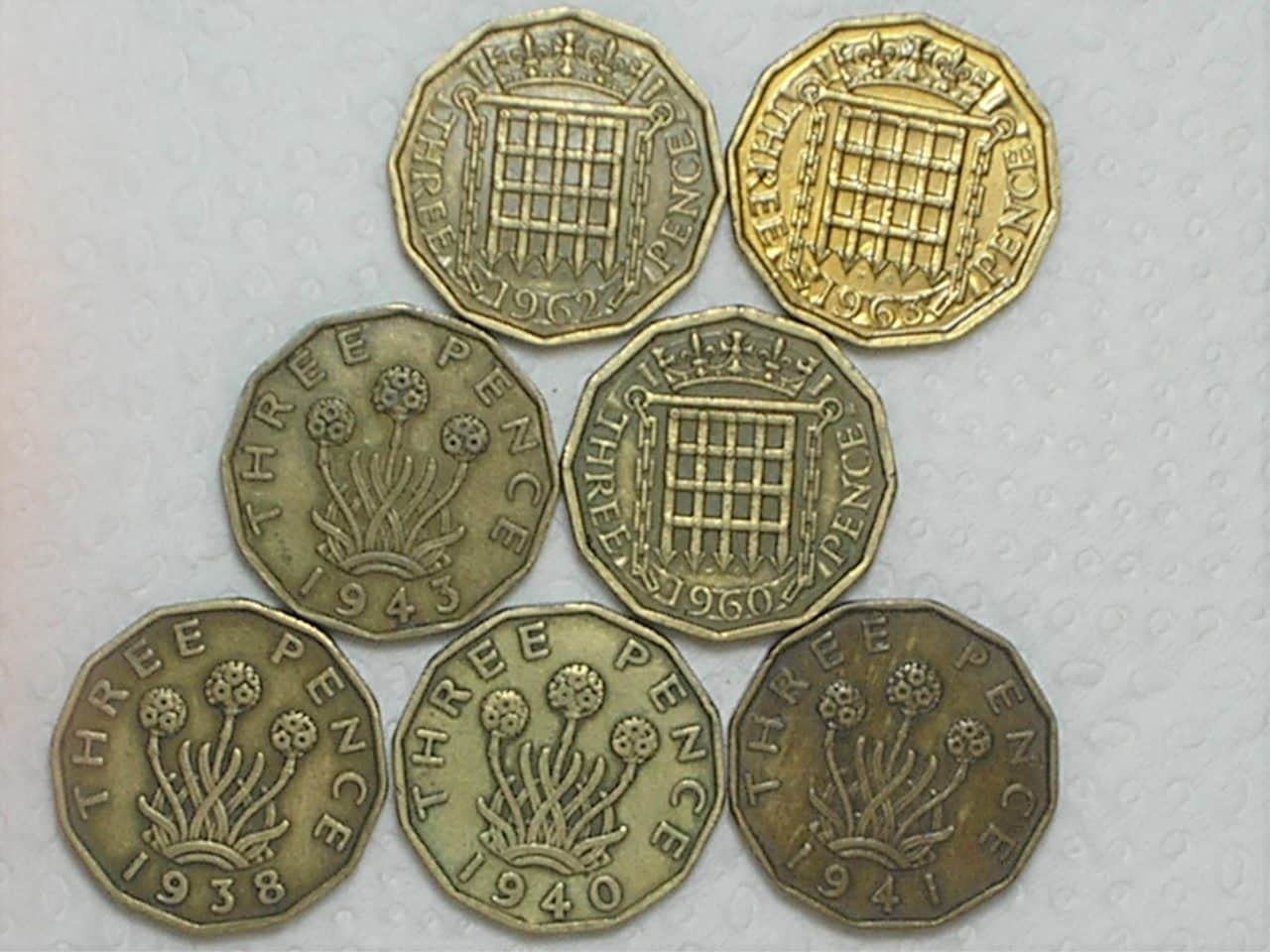Inglaterra) 3 Pence - 1938/1940/1941/1943/1960/1962/1963 / Bz/al / m360