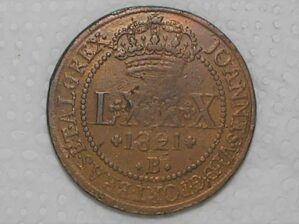 Não catalogada - Reverso Invertido ) Raro) Lxxx Réis – 1821 Bahia = 63 Pérolas / Sem serrilha / Reino Unido D. João VI / Cobre / Mbc / Box24