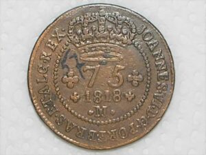 Raro) 75 Réis – 1818 Minas = 57 Pérolas. / Reino Unido - D.João VI / Cobre / Mbc / peça perfeita / Box24 / O numero marcado sai da moeda.