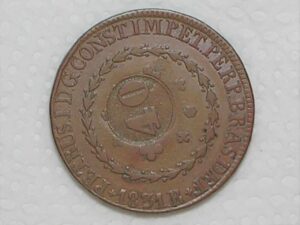 Raro no estado) 80 Réis – 1831 Rio = 21 Tulipas / Florões Obliquos / Carimbo de 40 / Império D. Pedro I / Cobre / *Sob/Flor / Box24