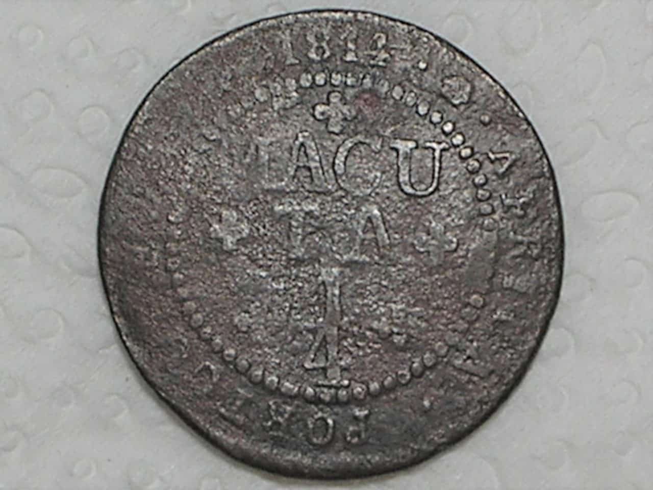 1/4 Makuta - 1814 / 64 Pérolas / Casa da Moeda do Rio para Angola / Colonia D. João P. Regente / Cobre / Raro / Bc / box21