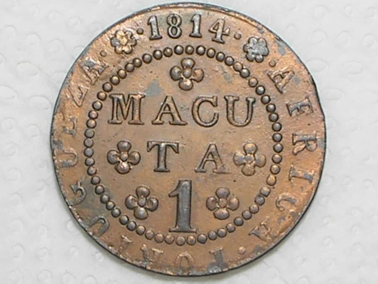 1 Makuta - 1814 / 58 Pérolas / Esfera sem Zodíaco / Casa da Moeda do Rio para Angola / Colonia D. João P.Regente / Cobre / Escassa / Soberba / box21