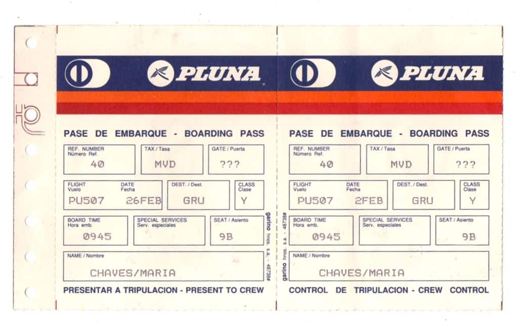 Cartão De Embarque Pluna ( Uruguai ) - Anos 90