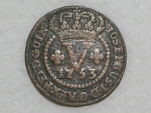 " Escassa = Guiné" / V Réis – 1753 / Cunhada em Lisboa para o Brasil e Guiné / 40 Pérolas / Escassa / Colonia de D. Jose I / Cobre / Mbc / box21