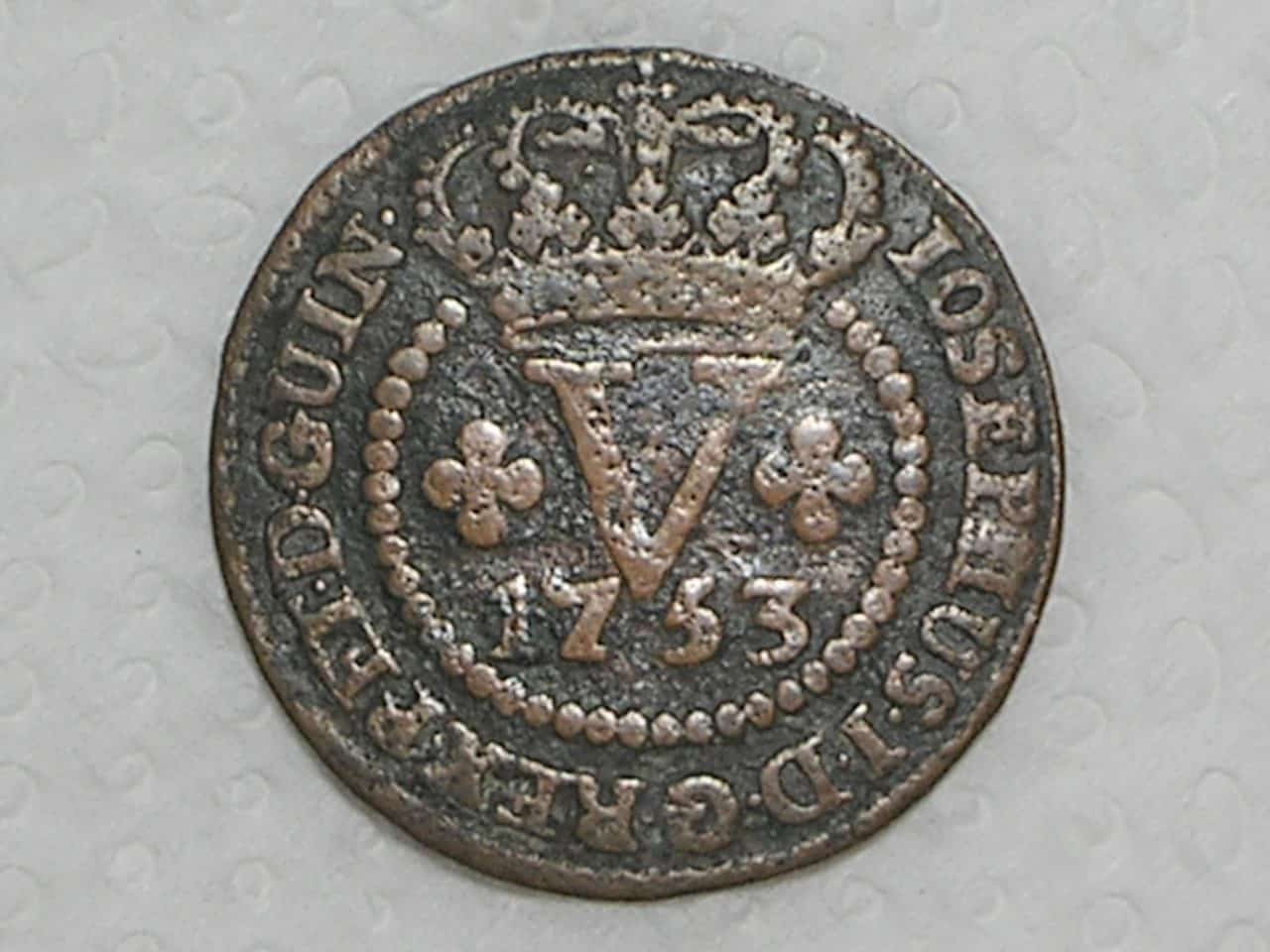 " Escassa = Guiné" / V Réis – 1753 / Cunhada em Lisboa para o Brasil e Guiné / 40 Pérolas / Escassa / Colonia de D. Jose I / Cobre / Mbc / box21