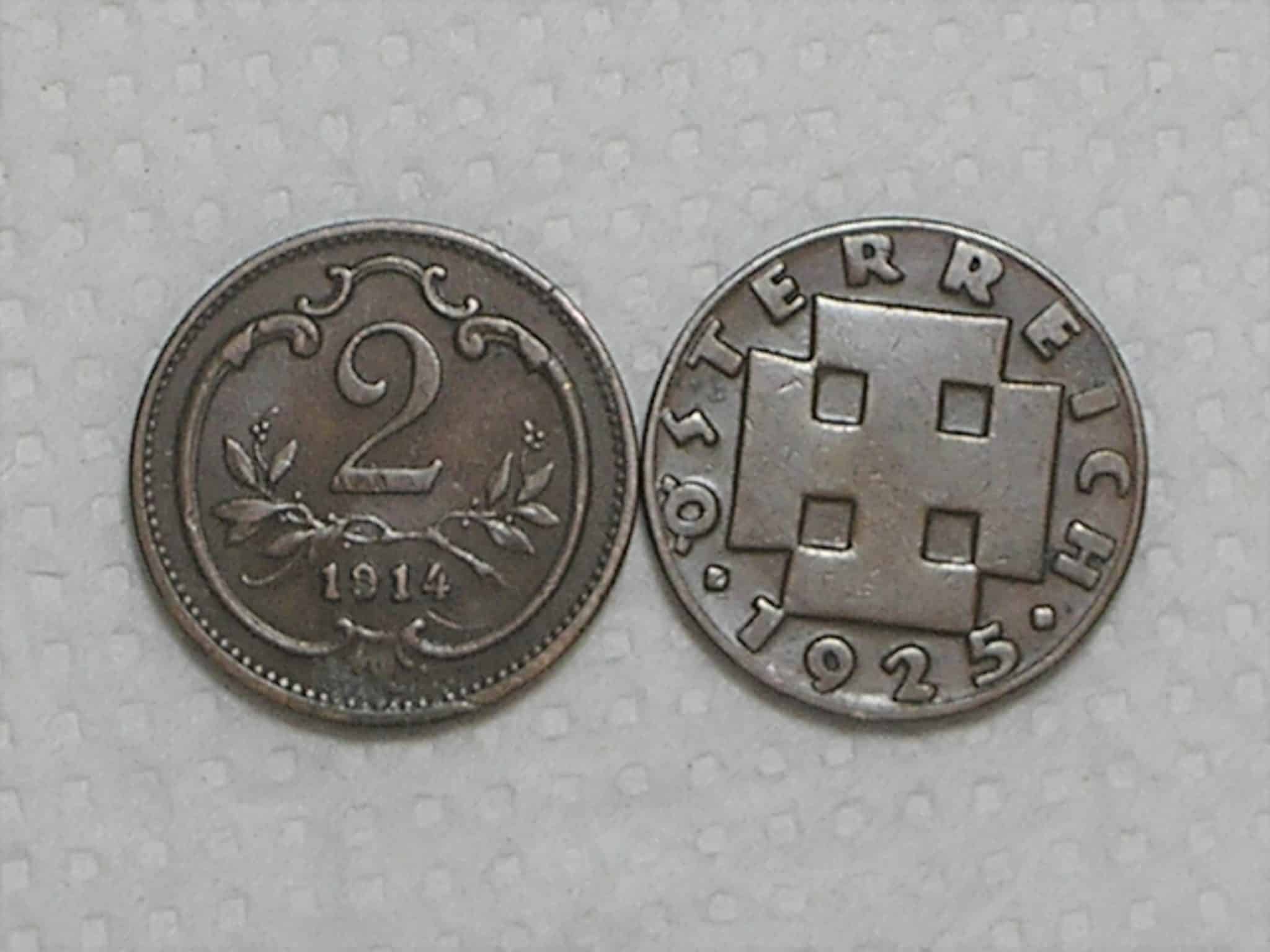 Austria) 2 Heller - 1914 + 2 Groschen - 1925 / Bz / box28.1