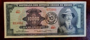 10.000 (Dez Mil Cruzeiros) com Carimbo de 10 Cruzeiros Novos (Santos Dumont) - Cédula C124a - MBC - Nº 073081 (Ano 1966)