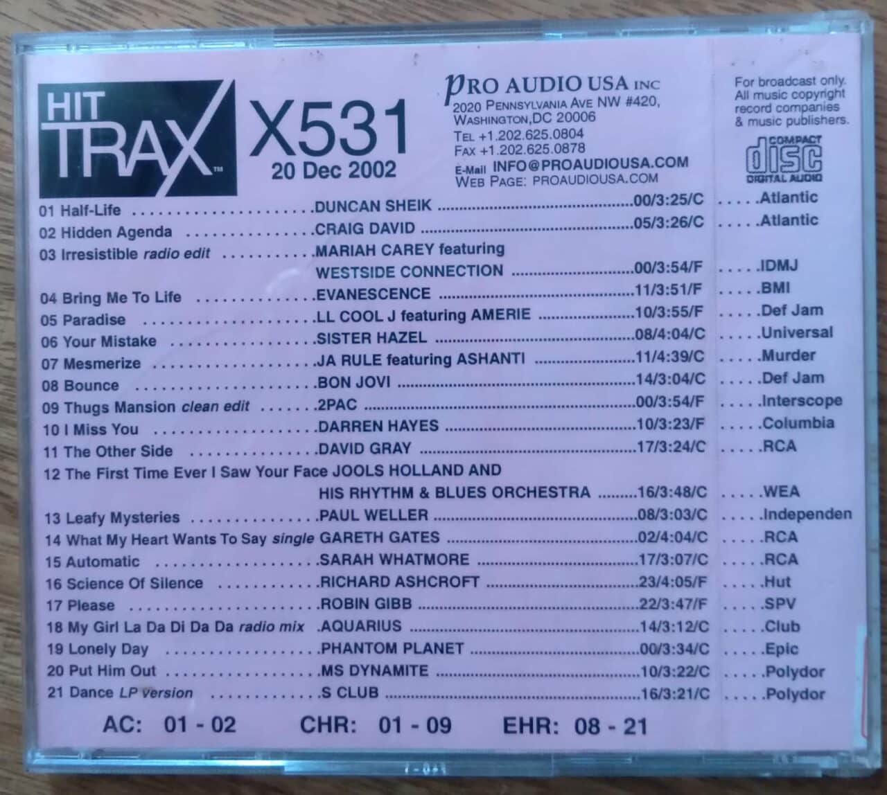 Cd promo para rádios Hit Trax X531 / Bon Jovi David Gray Evanescense.