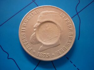 COPY 2000 RÉIS 1875 COM CARIMBO REPÚBLICA DA GUATEMALA, MOEDA E CARIMBO FALSOS.