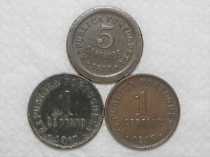 Portugal) 1 Centavo - 1917/1918 + 5 Centavos - 1927 / Bronze / box31