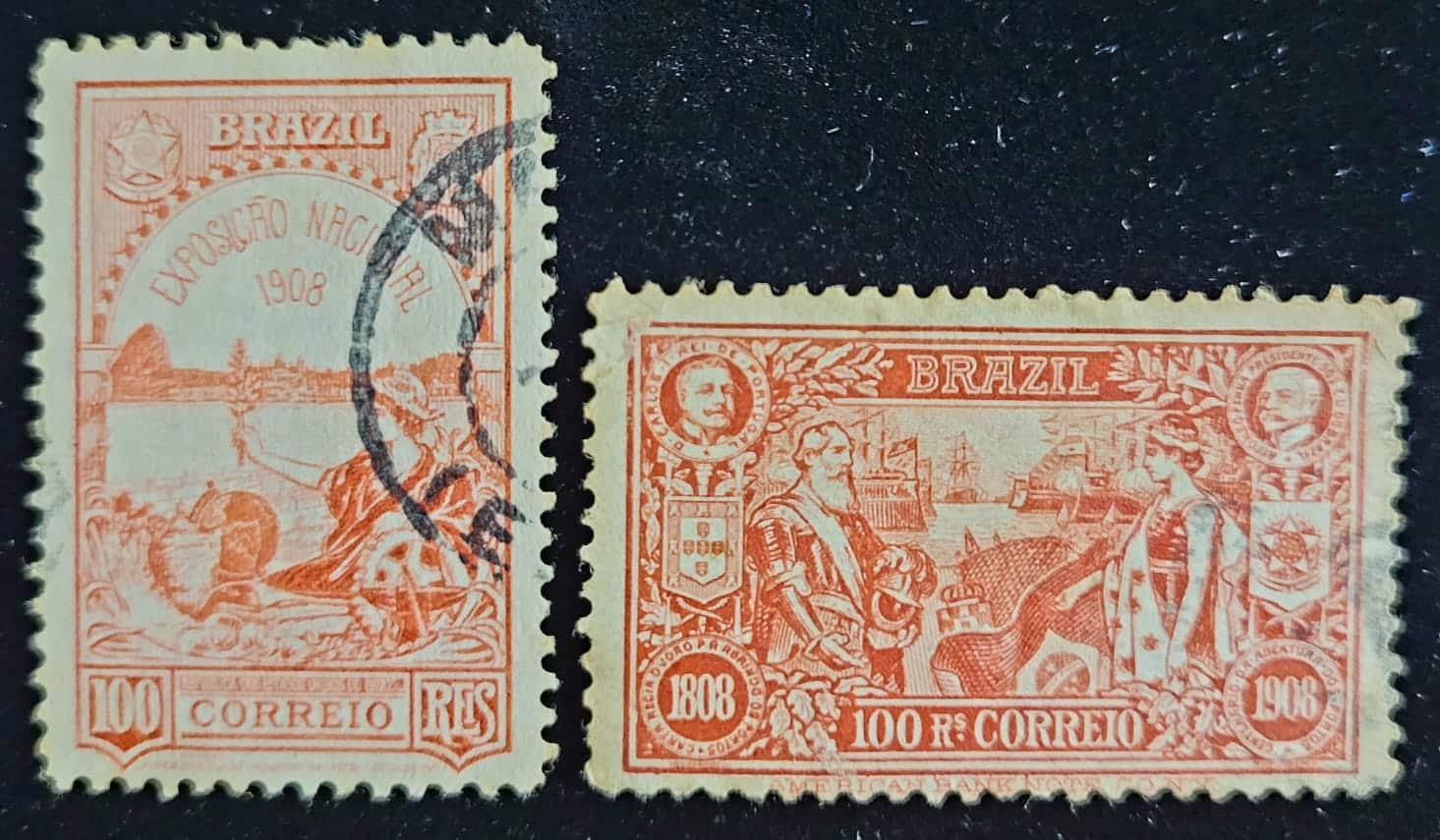 Comemorativos - RHM C0007 e C0008 (Usados) Série Completa - Exposição Nacional e Centenário da Abertura dos Portos - 14/07/1908 (Selos da República)