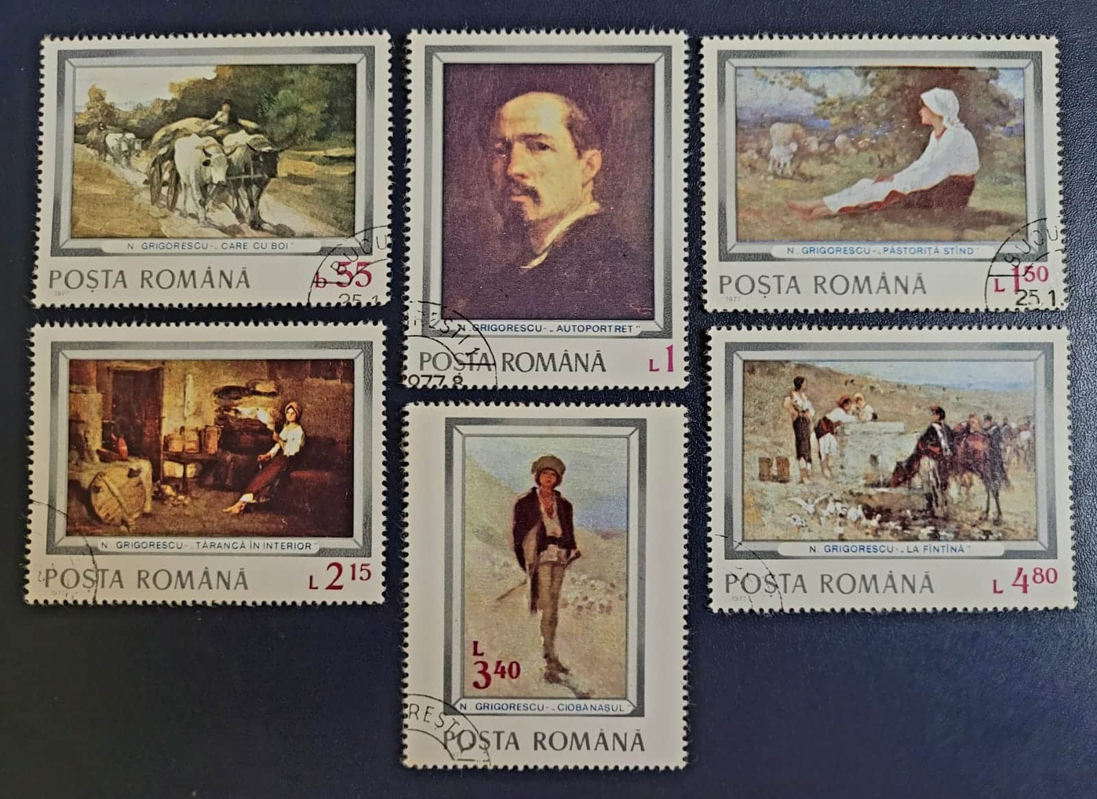 Romênia - SW Nº 3393 a 3398 - 70º aniversário da morte de Grigorescu, 1838-1907 (Usados) Série Completa - 20/01/1977 - Selos