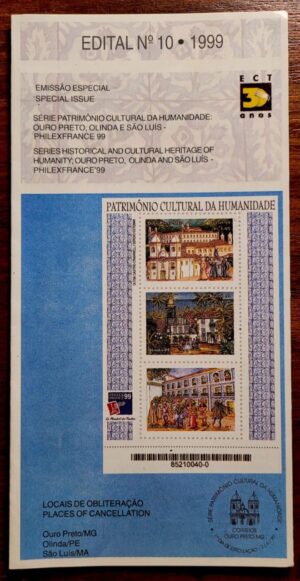 Edital Correios 1999 - Nº 10 - Bloco RHM 111 - Patrimônio da Humanidade - Outro Preto/MG - Olinda/PE e São Luís/MA - 02/06/1999