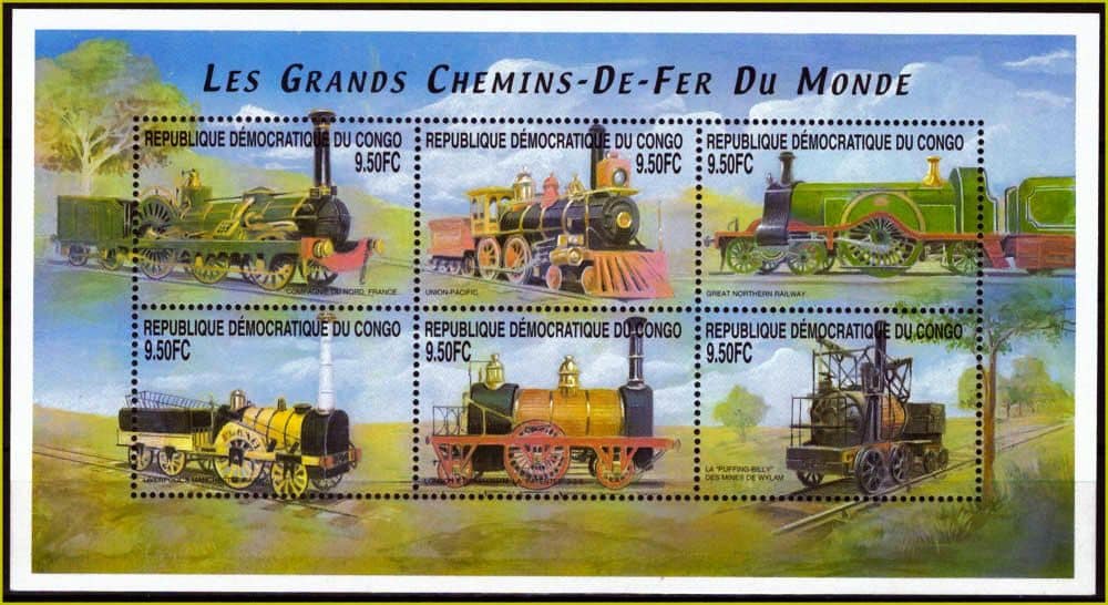 República Democrática do Congo - Trens - 2001 - S/Completa 3 - Bloco com 6 selos
