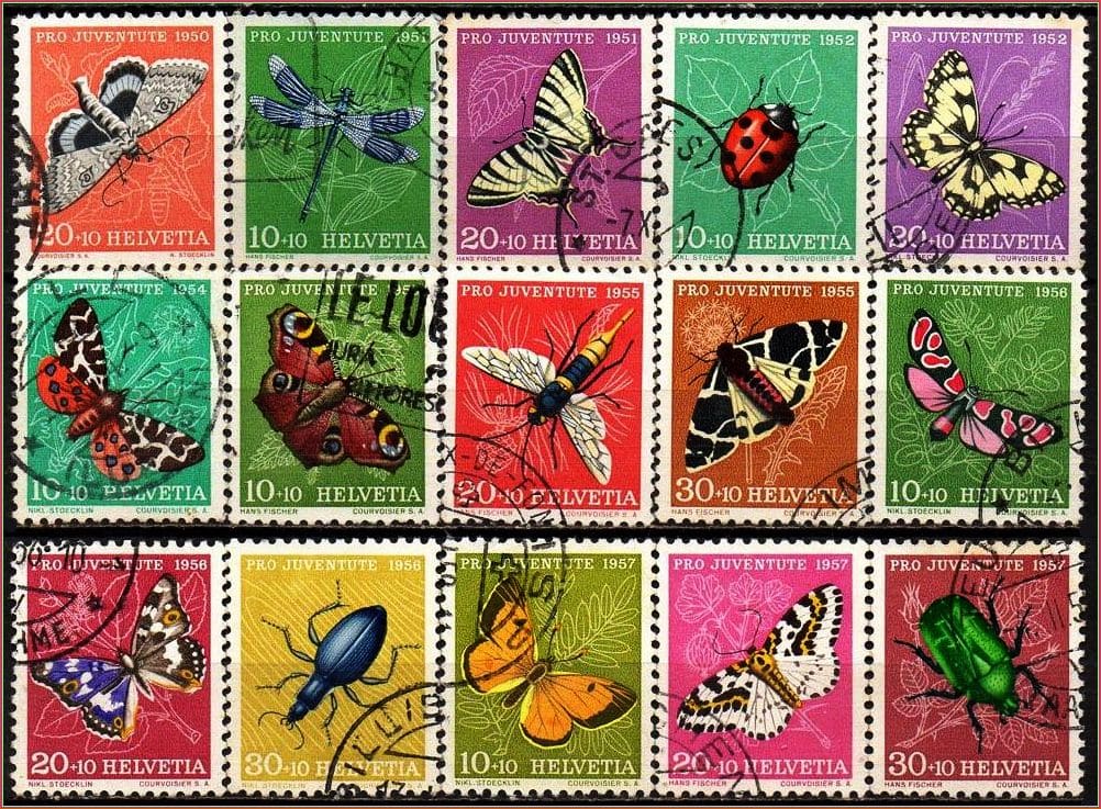 Suíça - Pró Juventude - Insetos e Borboletas - 1950 a 1957