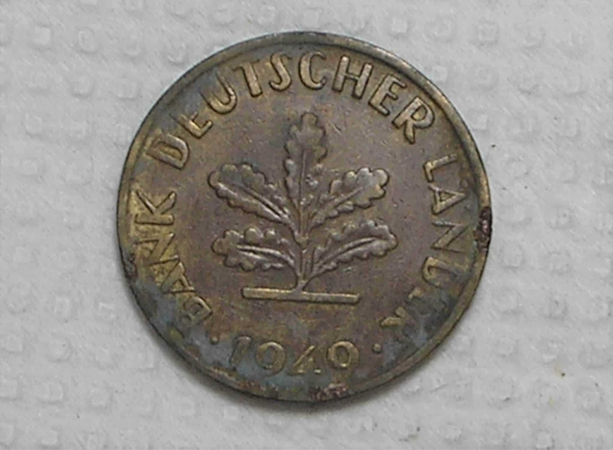 Alemanha 10 Pfennig 1949g Karlshuhe Brass Escassa Cunhado Pelos Aliados Ocidentais Eua Franca E Inglaterra Box32