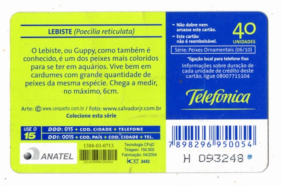 | Casa do Colecionador Cartao Telefonico - Peixes Ornamentais - Lebiste - Telefonica - 2004