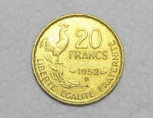 França) 20 Francs - 1952-b / G. Guiraud / Galo 4 penas / Bz/Al / S/Fc / box35.9