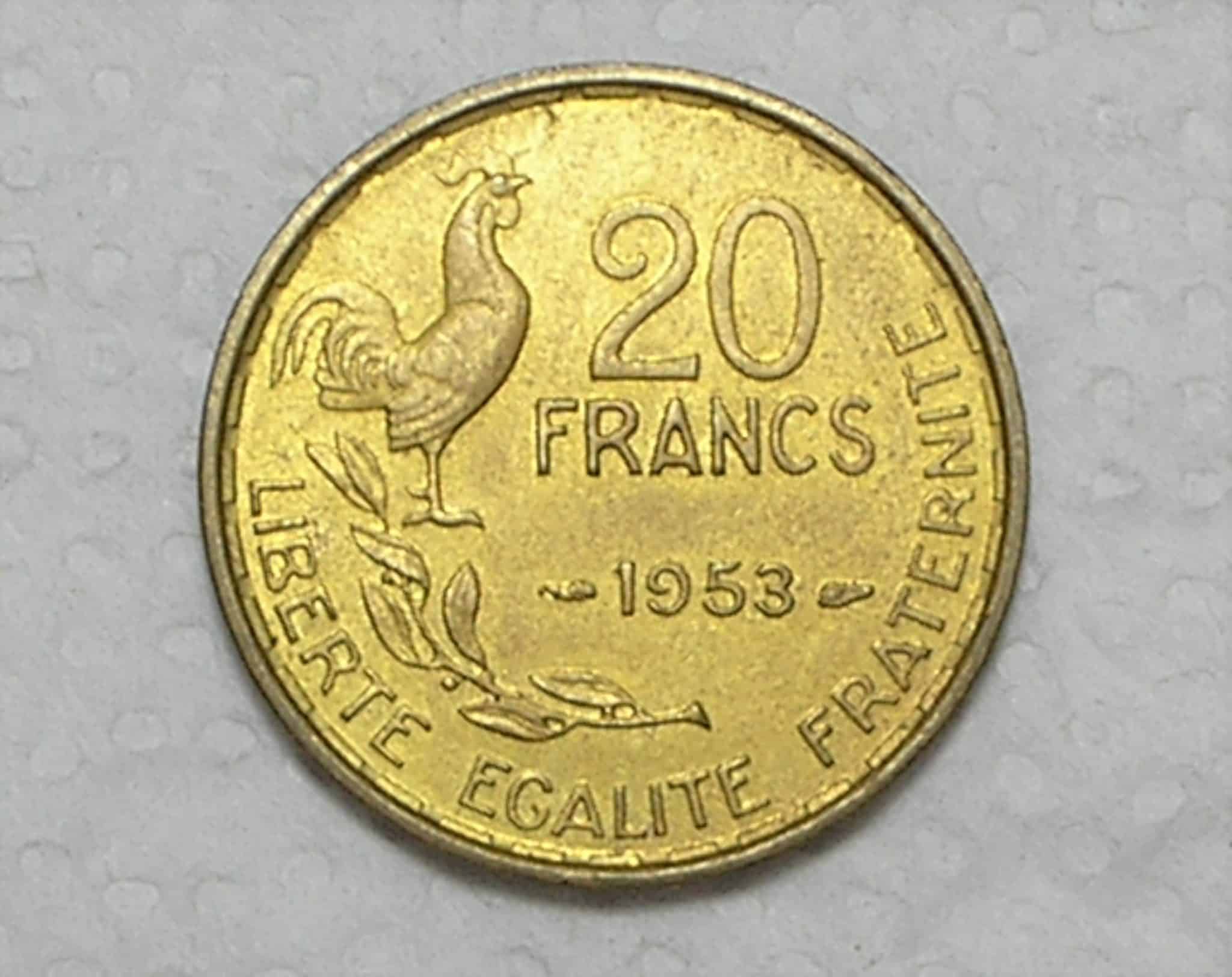 França) 20 Francs - 1953 / G. Guiraud / Galo 4 penas / Bz/Al / Fc / box35.10