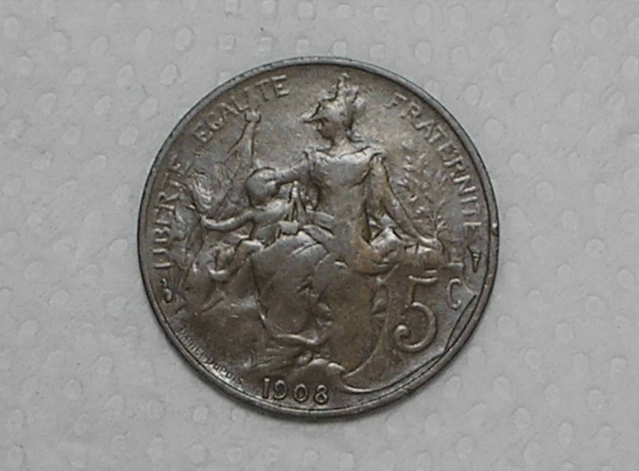 França) 5 Centimes - 1908 / Bz / Sob / box34