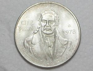 México) 100 Pesos - 1978 - Normal Shoulder / Prata / Flor de cunho / box36