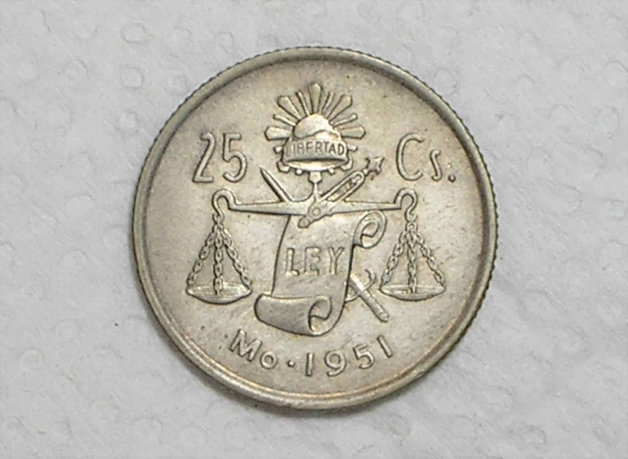 México) 25 Centavos - 1951 - Escassa - Não aparecem mais / Prata / Sob / box36