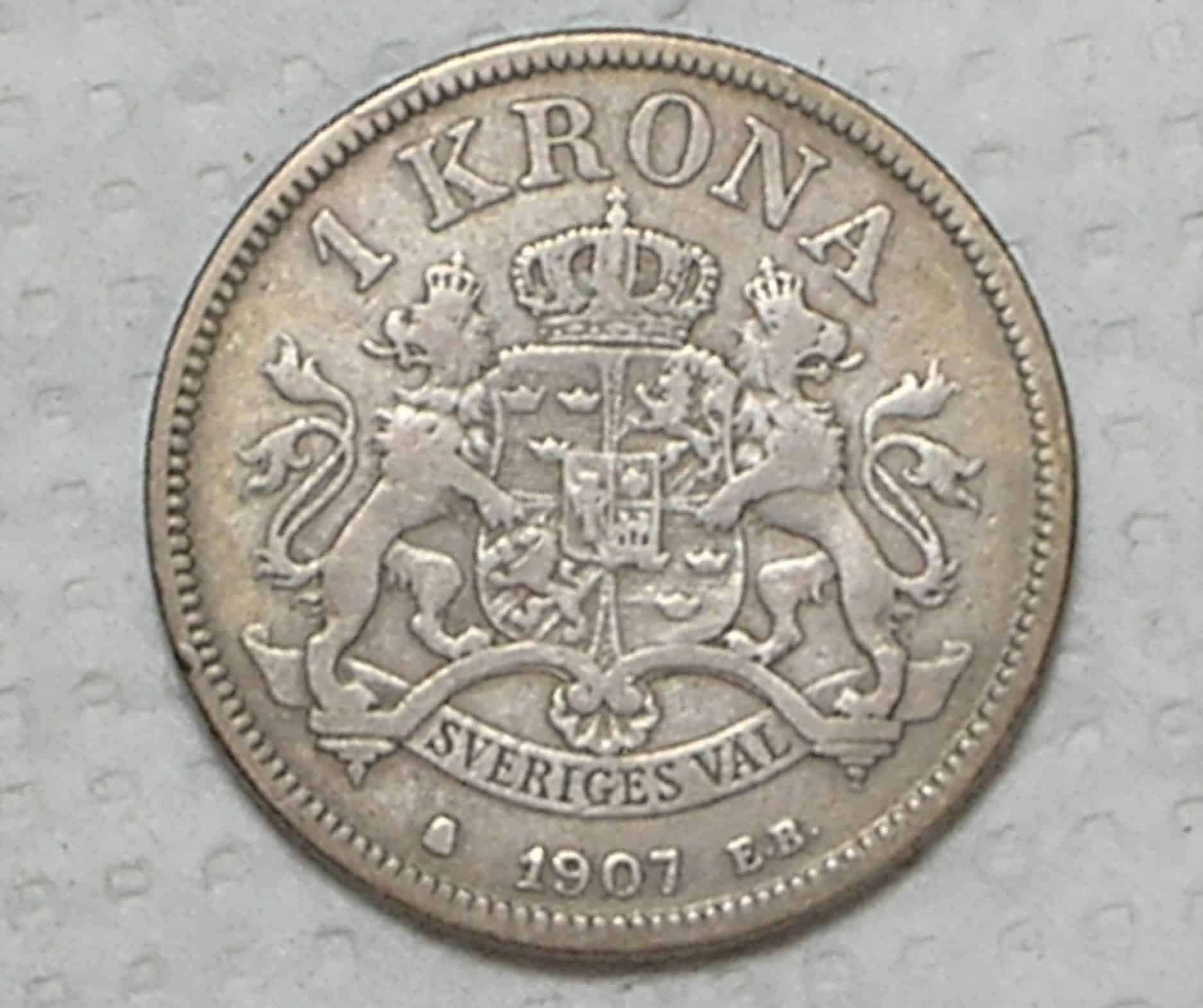 Suécia)1 Krona - 1907-eb / prata / Escassa / box38