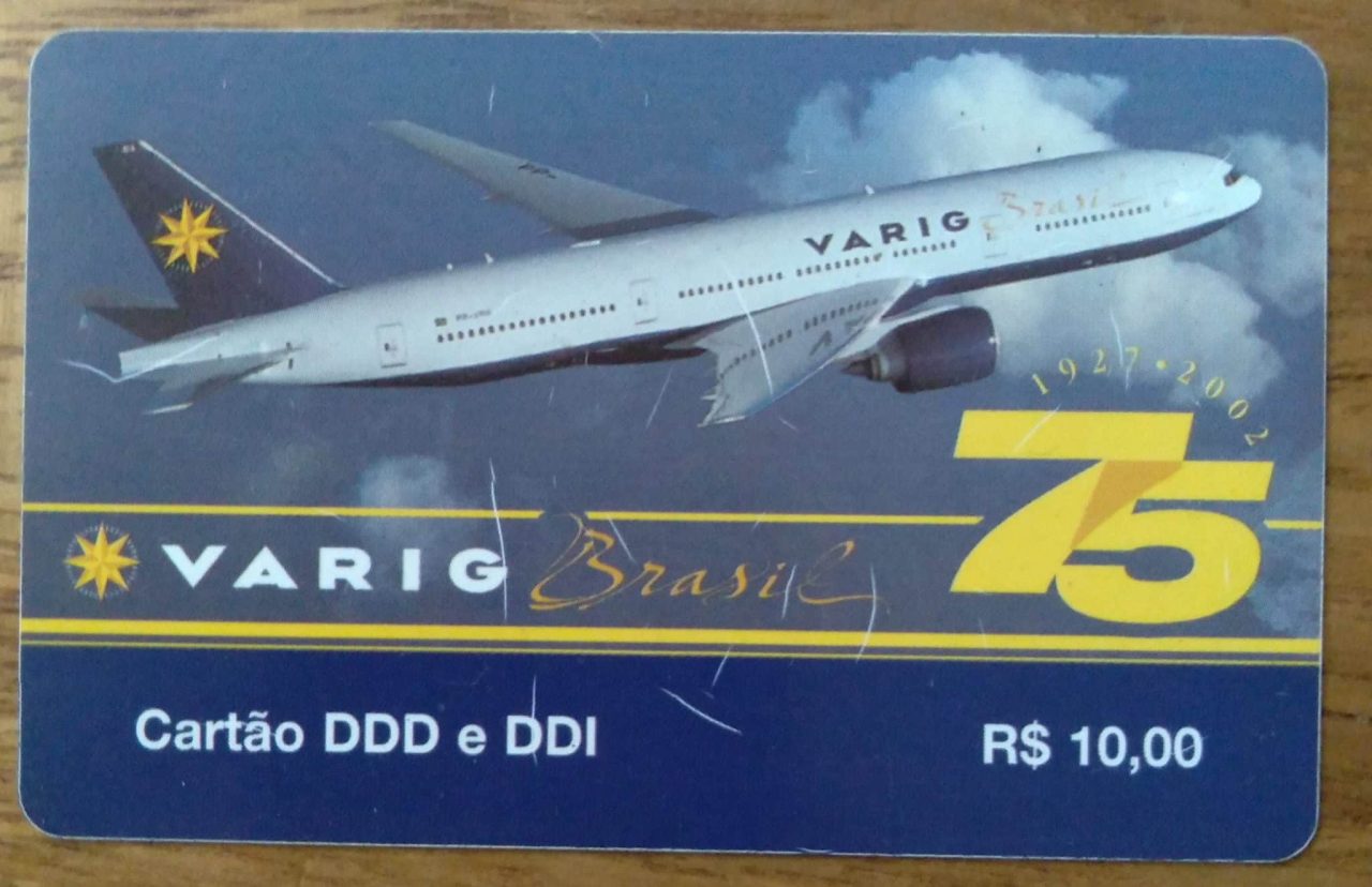 Cartão telefone Brasil Embratel. Varig 75 anos. Avião. Tiragem 5.000