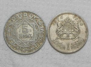 Marrocos) 5 Francs - 1950/Ah-1370 25mm / 1 Dirham - 1974/Ah-1394 / Ali / box41