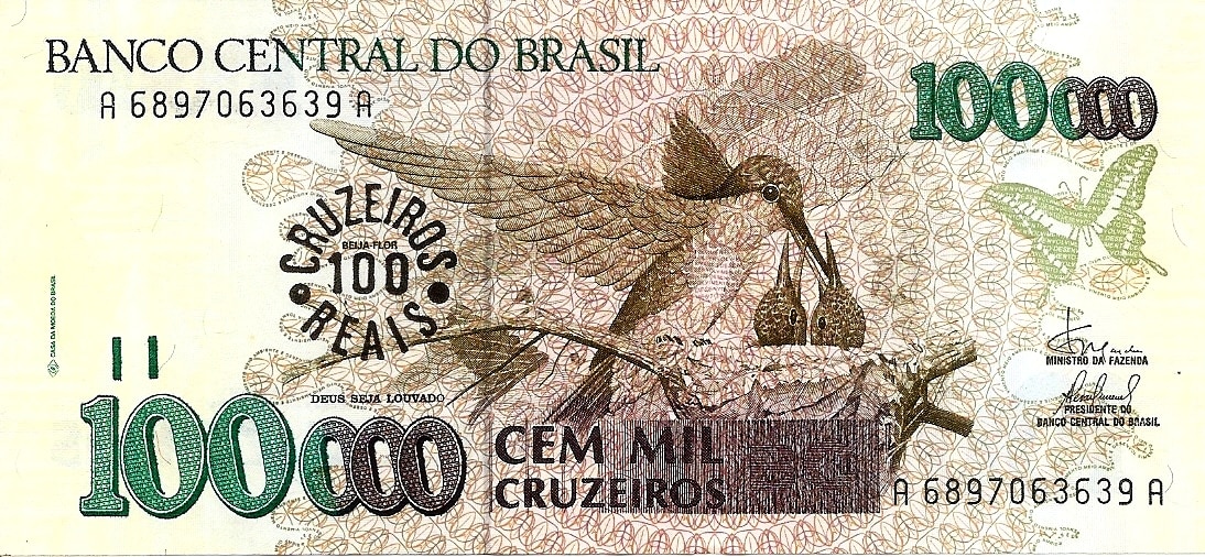 CÉDULA BRASIL 100 CRUZEIROS REAIS 1993 BEIJA-FLOR FE [BRASIL/REPÚBLICA] Código: CRR100BF1993
