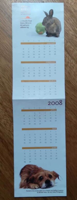Calendário 2008 Animal rescue League of Boston e envelope.